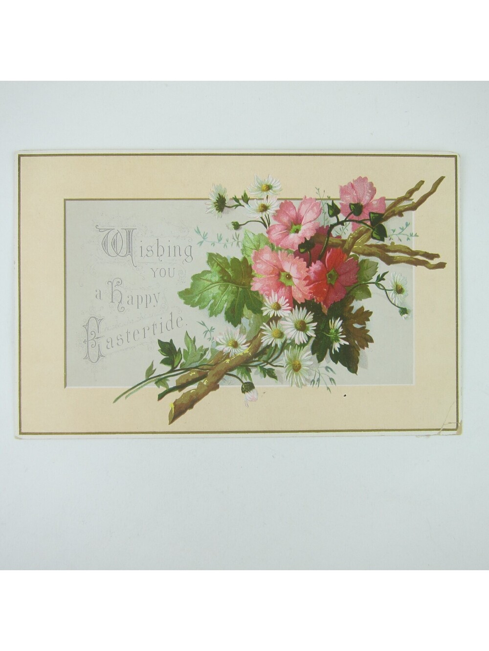 Victorian Greeting Card Easter Pink Flowers White Daisies Green Leaves Antique